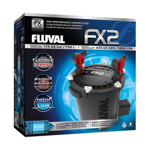 El Filtro Canister Fluval FX2 ofrece potencia profesional, alta circulación y filtración superior para acuarios grandes de hasta 175 galones (750 litros). Ideal para cíclidos, acuarios con alta carga biológica y sistemas exigentes. Disponible en Acuastock.com