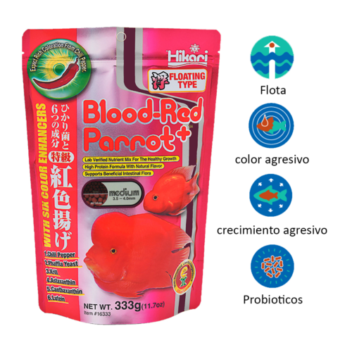 Hikari Blood Red Parrot+™ Mini – 11.7 Oz es un alimento premium flotante especialmente formulado para cíclidos Blood Parrot, diseñado para intensificar el color rojo, fortalecer el sistema inmune y promover un crecimiento saludable. Disponible en Acuastock.com