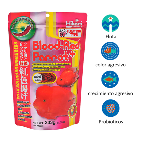 Hikari Blood Red Parrot+™ Mini – 11.7 Oz es un alimento premium flotante especialmente formulado para cíclidos Blood Parrot, diseñado para intensificar el color rojo, fortalecer el sistema inmune y promover un crecimiento saludable. Disponible en Acuastock.com