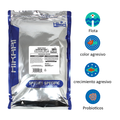 Hikari Cichlid® Bio-Gold+ Medium 2.2 Lbs es un alimento premium japonés para cíclidos medianos y grandes, formulado para realzar el color, fortalecer el sistema inmune y mejorar el crecimiento, sin ensuciar el agua. Con carotenoides naturales y nutrientes altamente digestibles. Disponible en Acuastock.com
