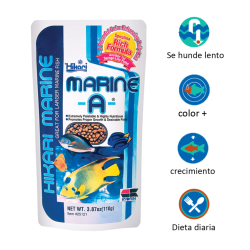 Hikari Marine-A® Pellet 3.87 Oz es una comida premium para peces marinos formulada científicamente para peces de arrecife. Rico en proteínas marinas, vitaminas y algas naturales, mejora el color, la vitalidad y el crecimiento sin contaminar el agua. Disponible en Acuastock.com