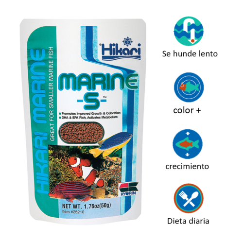 Hikari Marine-S™ Pellet 1.76 Oz es una comida premium para peces marinos pequeños y peces de arrecife. Formulada con ingredientes marinos de alta calidad, mejora el color, la energía y la salud sin ensuciar el agua. Disponible en Acuastock.com