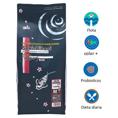 Saki-Hikari® Color Enhancing Medium 11 Lbs es un alimento premium japonés para koi y peces ornamentales grandes, formulado para intensificar el color rojo (Hi) sin afectar el blanco natural. Con probióticos Hikari-Germ™, mejora la digestión, reduce desechos y mantiene el agua más limpia. Disponible en Acuastock.com
