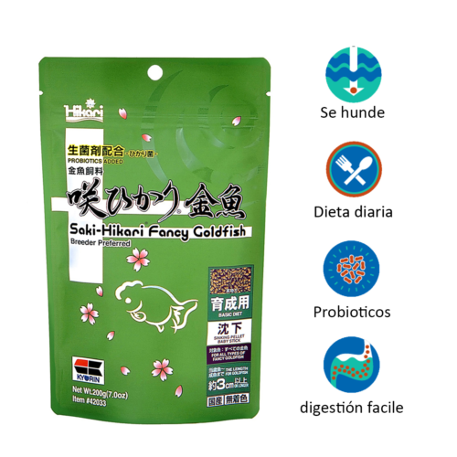 Saki-Hikari® Fancy Goldfish Balance™ Mini 7 Oz es un alimento premium japonés especialmente formulado para goldfish fancy, que garantiza nutrición balanceada, digestión superior y crecimiento saludable sin inflar el abdomen. Con probióticos Hikari-Germ™, ayuda a mantener el agua limpia y la salud intestinal. Disponible en Acuastock.com