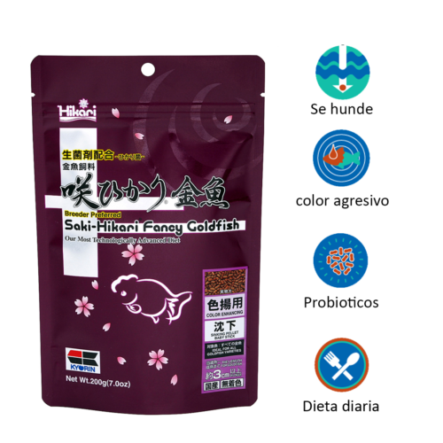 Saki-Hikari® Fancy Goldfish Color Enhancing Mini 7 Oz es un alimento premium japonés diseñado para realzar intensamente los colores naturales de los goldfish fancy, sin afectar la salud ni la forma corporal. Con Hikari-Germ™, mejora la digestión, reduce desechos y mantiene el agua limpia. Disponible en Acuastock.com