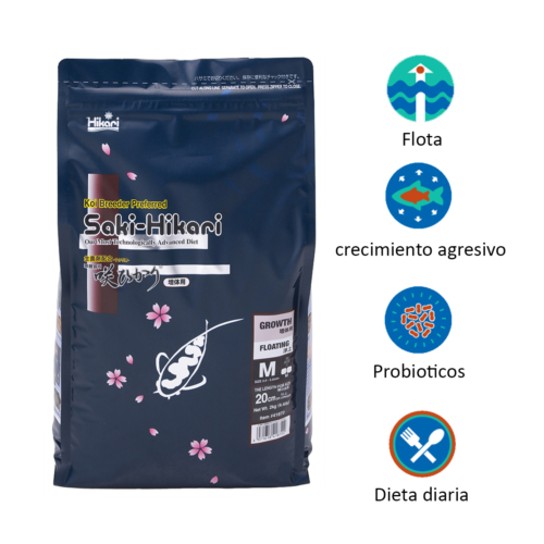 Saki-Hikari® Growth Medium 4.4 Lbs es un alimento premium japonés para koi y peces ornamentales grandes, formulado para lograr crecimiento rápido, fuerte y saludable sin comprometer la calidad del agua. Con probióticos Hikari-Germ™, mejora la digestión, reduce desechos y maximiza la conversión alimenticia. Disponible en Acuastock.com