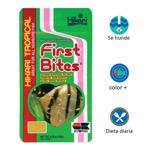 Hikari First Bites® – 0.35 Oz es un alimento premium en micro-partículas diseñado como primeros bocados para alevines, ideal para supervivencia alta, crecimiento rápido y desarrollo saludable desde los primeros días. Disponible en Acuastock.com