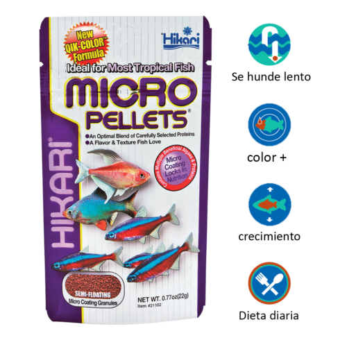 Hikari Micro Pellets® Micro – 0.77 Oz es un alimento premium en micro-pellet ultrapequeño, ideal para peces tropicales muy pequeños y comunitarios, ofreciendo alta digestibilidad, mejor coloración y agua más limpia. Disponible en Acuastock.com
