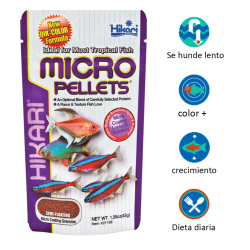 Hikari Micro Pellets® Micro – 1.58 Oz es un alimento premium en micro-pellet ultrapequeño, ideal para peces tropicales de boca pequeña, ofreciendo nutrición completa, colores intensos y agua más limpia. Disponible en Acuastock.com