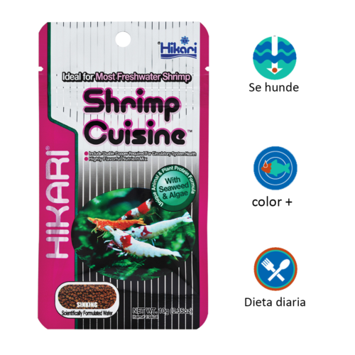 Hikari Shrimp Cuisine™ – 0.35 Oz es un alimento premium en pellet hundible especialmente formulado para camarones de acuario, ideal para crecimiento saludable, muda correcta y colores intensos. Disponible en Acuastock.com