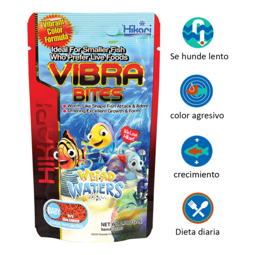 Hikari Vibra Bites® Baby 0.7 Oz es un alimento premium en forma de micro sticks blandos que imitan larvas de mosquito, ideal para peces pequeños y juveniles. Alta palatabilidad, excelente digestión y colores más intensos. Disponible en Acuastock.com