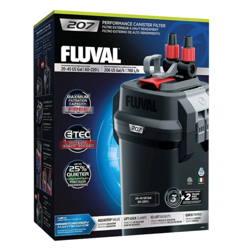 El Filtro Canister Fluval 207 es un filtro externo potente, silencioso y de alta eficiencia, ideal para acuarios de 20 a 45 galones (60 a 220 litros).
