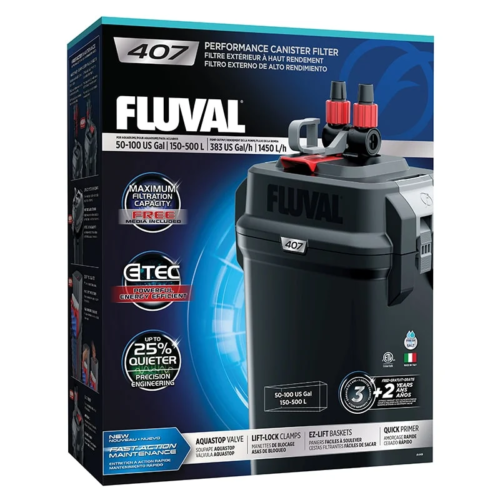 l Filtro Canister Fluval 407 ofrece máxima potencia de filtración, bajo consumo eléctrico y funcionamiento ultra silencioso para acuarios de 50 a 100 galones (200 a 500 litros). Ideal para acuarios grandes, cíclidos, plantados exigentes y acuarios marinos. Disponible en Acuastock.com