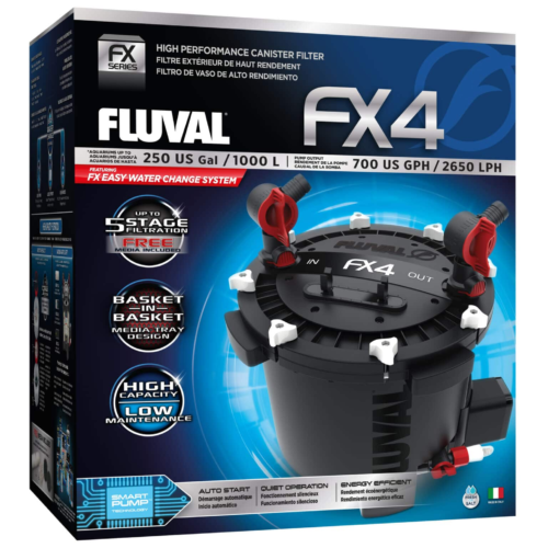 El Filtro Canister Fluval FX4 es un filtro externo de alto rendimiento para acuarios grandes de hasta 250 galones (1000 litros). Potente, silencioso y confiable, ideal para cíclidos, peces grandes y acuarios con alta carga biológica. Disponible en Acuastock.com