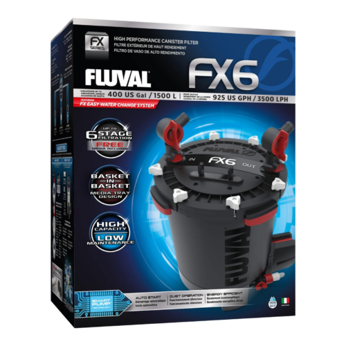 El Filtro Canister Fluval FX6 es el filtro externo más potente de la serie FX, diseñado para acuarios extra grandes de hasta 400 galones (1500 litros). Máximo caudal, filtración profesional y funcionamiento ultra silencioso. Ideal para cíclidos, peces grandes y acuarios con alta carga biológica. Disponible en Acuastock.com