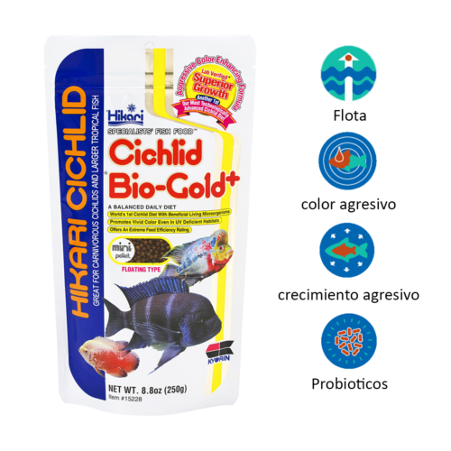 Hikari Cichlid® Bio-Gold+ Mini – 8.8 Oz es un alimento premium flotante para cíclidos, formulado con tecnología Bio-Gold+ que intensifica el color, fortalece el sistema inmune y mejora el crecimiento. Disponible en Acuastock.com