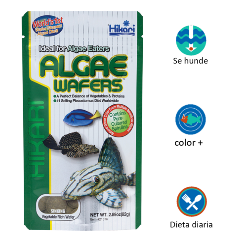 Hikari Algae Wafers™ – 2.89 Oz es un alimento premium en wafer hundible formulado especialmente para peces herbívoros y comedores de algas, ideal para plecos, otocinclus y peces de fondo, ofreciendo alta digestibilidad y agua más limpia. Disponible en Acuastock.com