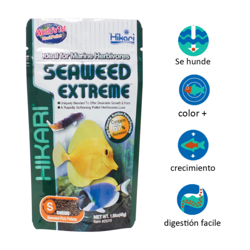 Hikari Seaweed Extreme™ Small 1.58 Oz es una comida premium para peces marinos herbívoros y omnívoros. Elaborada con algas marinas naturales de alta calidad, fortalece el sistema inmune, mejora el color y favorece una digestión óptima sin ensuciar el agua. Disponible en Acuastock.com