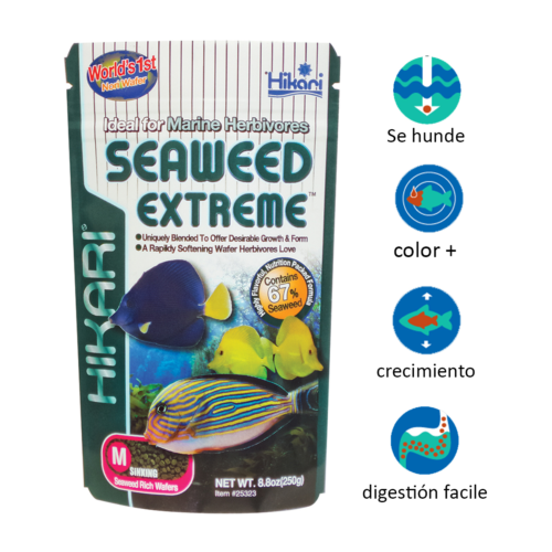 Hikari Seaweed Extreme™ Medium 8.8 Oz es una comida premium para peces marinos herbívoros y omnívoros, elaborada con alto contenido de algas marinas naturales. Mejora la salud, el color y la digestión sin ensuciar el agua. Disponible en Acuastock.com