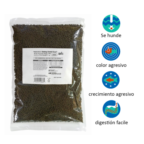 Hikari Sinking Cichlid EXCEL® Mini – 3.5 oz es un alimento premium hundible a base de vegetales, ideal para cíclidos herbívoros u omnívoros. Mejora la digestión, realza el color y mantiene el agua más limpia. Disponible en Acuastock.com