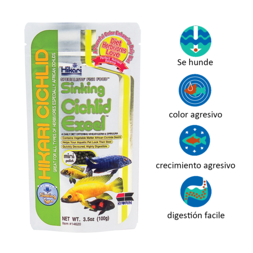 Hikari Sinking Cichlid EXCEL® Mini – 3.5 oz es un alimento premium hundible a base de vegetales, ideal para cíclidos herbívoros u omnívoros. Mejora la digestión, realza el color y mantiene el agua más limpia. Disponible en Acuastock.com