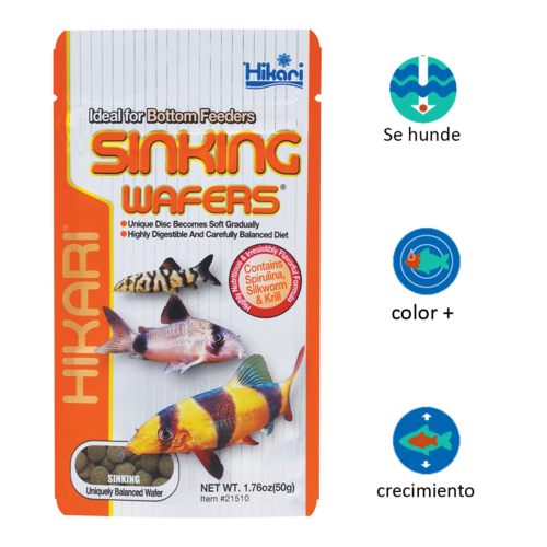 Hikari Sinking Wafers™ 1.76 Oz es un alimento premium de hundimiento rápido, ideal para peces de fondo como plecos, corydoras, lochas y otros peces limpiadores. Fórmula balanceada, altamente digestible y reconocida mundialmente por su calidad japonesa. Disponible en Acuastock.com