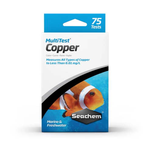 Kit de prueba Seachem MultiTest Copper para medir niveles de cobre en acuarios marinos y de agua dulce.