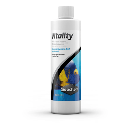 Seachem Vitality 250 mL suplemento de vitaminas para peces de acuario marino.